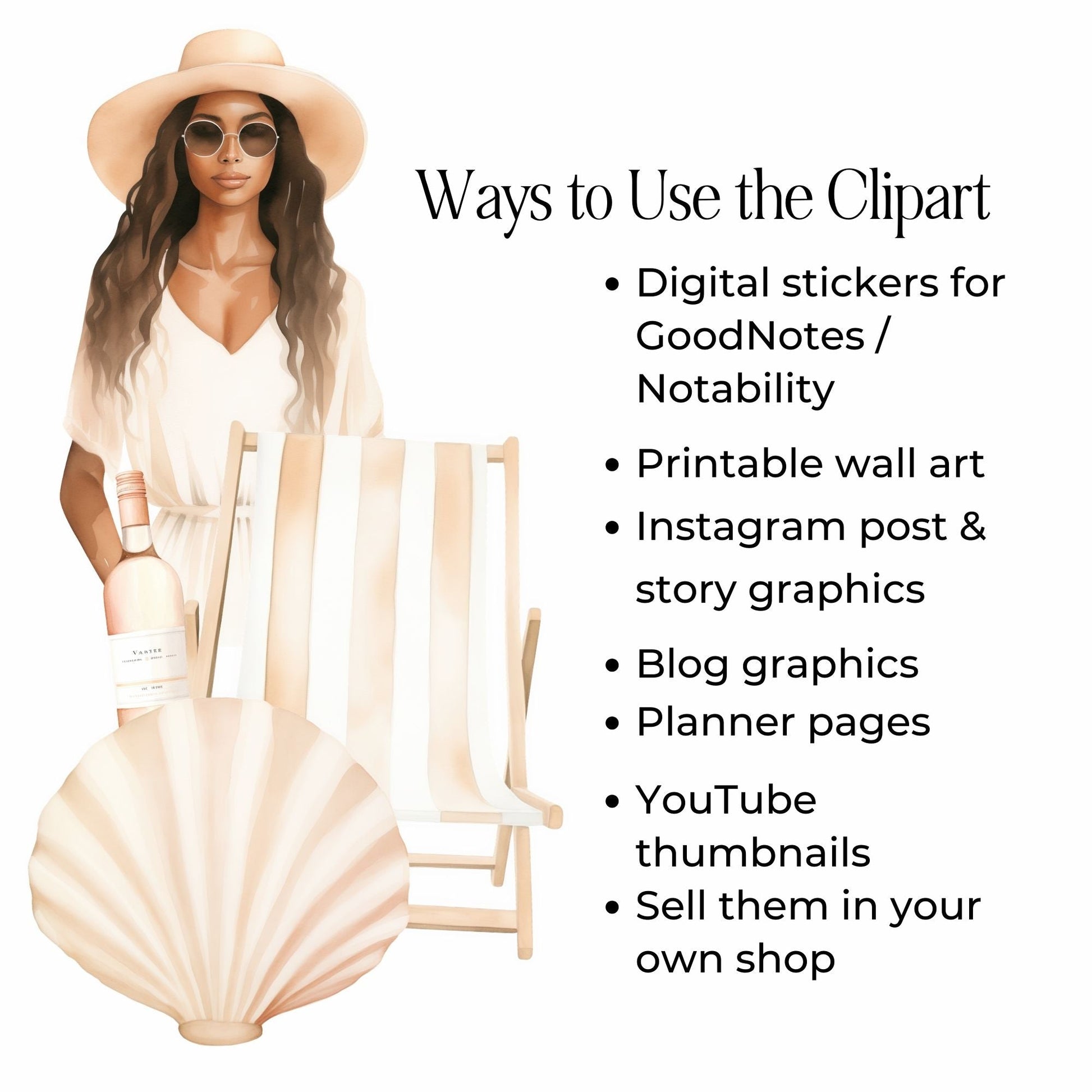 Beach Girl Clipart & Prompts Bundle  MRR PLR | Neutral Summer PNGs | Clipart Commercial Use + Bonus Boundless PLR
