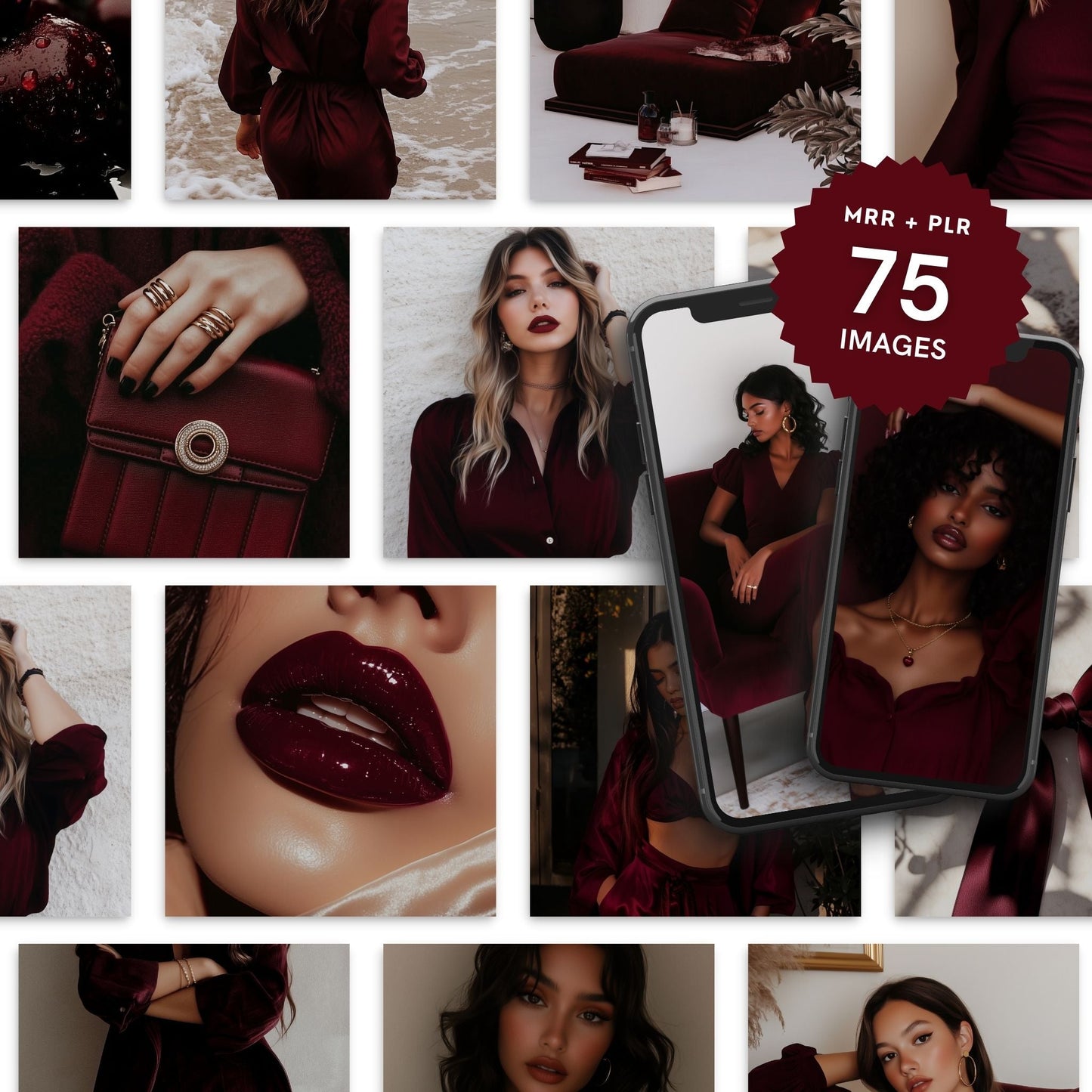 Burgundy Luxe AI Image Pack (75 Premium Images) Square + Story + MRR & PLR Rights Boundless PLR