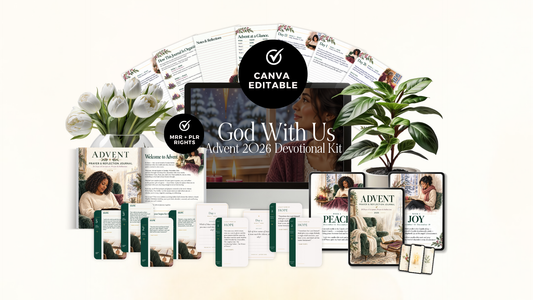 Styled mockup of the God With Us Advent 2026 Devotional Kit, Canva editable with MRR + PLR rights. A desktop screen shows the kit title, surrounded by fanned-out Advent journal pages, the printed journal cover and welcome page, green and cream scripture cards, tablets showing the Peace and Joy weekly dividers, and phones with watercolor wallpapers, styled with white tulips and a green plant.