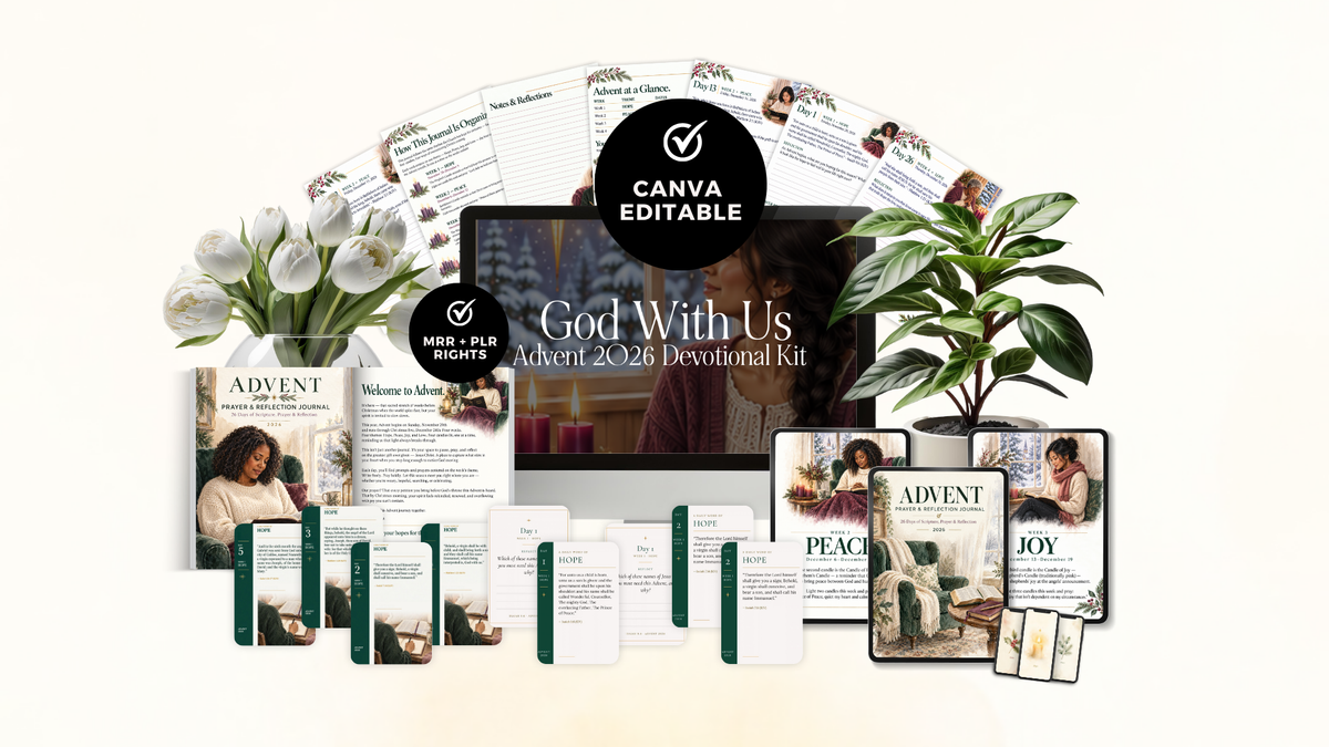 Styled mockup of the God With Us Advent 2026 Devotional Kit, Canva editable with MRR + PLR rights. A desktop screen shows the kit title, surrounded by fanned-out Advent journal pages, the printed journal cover and welcome page, green and cream scripture cards, tablets showing the Peace and Joy weekly dividers, and phones with watercolor wallpapers, styled with white tulips and a green plant.