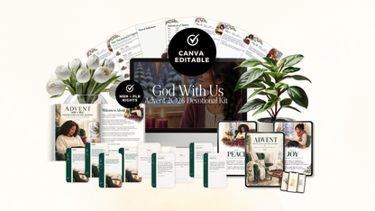 Styled mockup of the God With Us Advent 2026 Devotional Kit, Canva editable with MRR + PLR rights. A desktop screen shows the kit title, surrounded by fanned-out Advent journal pages, the printed journal cover and welcome page, green and cream scripture cards, tablets showing the Peace and Joy weekly dividers, and phones with watercolor wallpapers, styled with white tulips and a green plant.