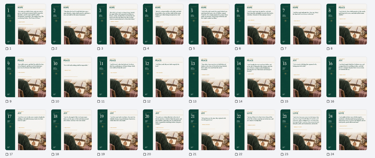 Preview grid of 24 square Advent 2026 social media templates from the God With Us Advent Devotional Kit. Each post has a deep green side panel with the day number and week theme (Hope, Peace, Joy or Love), a KJV scripture verse on a cream background, and a watercolor-style photo of a woman reading her Bible by candlelight.