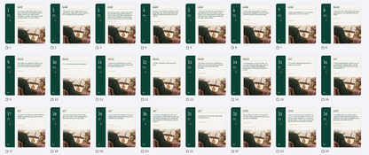 Preview grid of 24 square Advent 2026 social media templates from the God With Us Advent Devotional Kit. Each post has a deep green side panel with the day number and week theme (Hope, Peace, Joy or Love), a KJV scripture verse on a cream background, and a watercolor-style photo of a woman reading her Bible by candlelight.