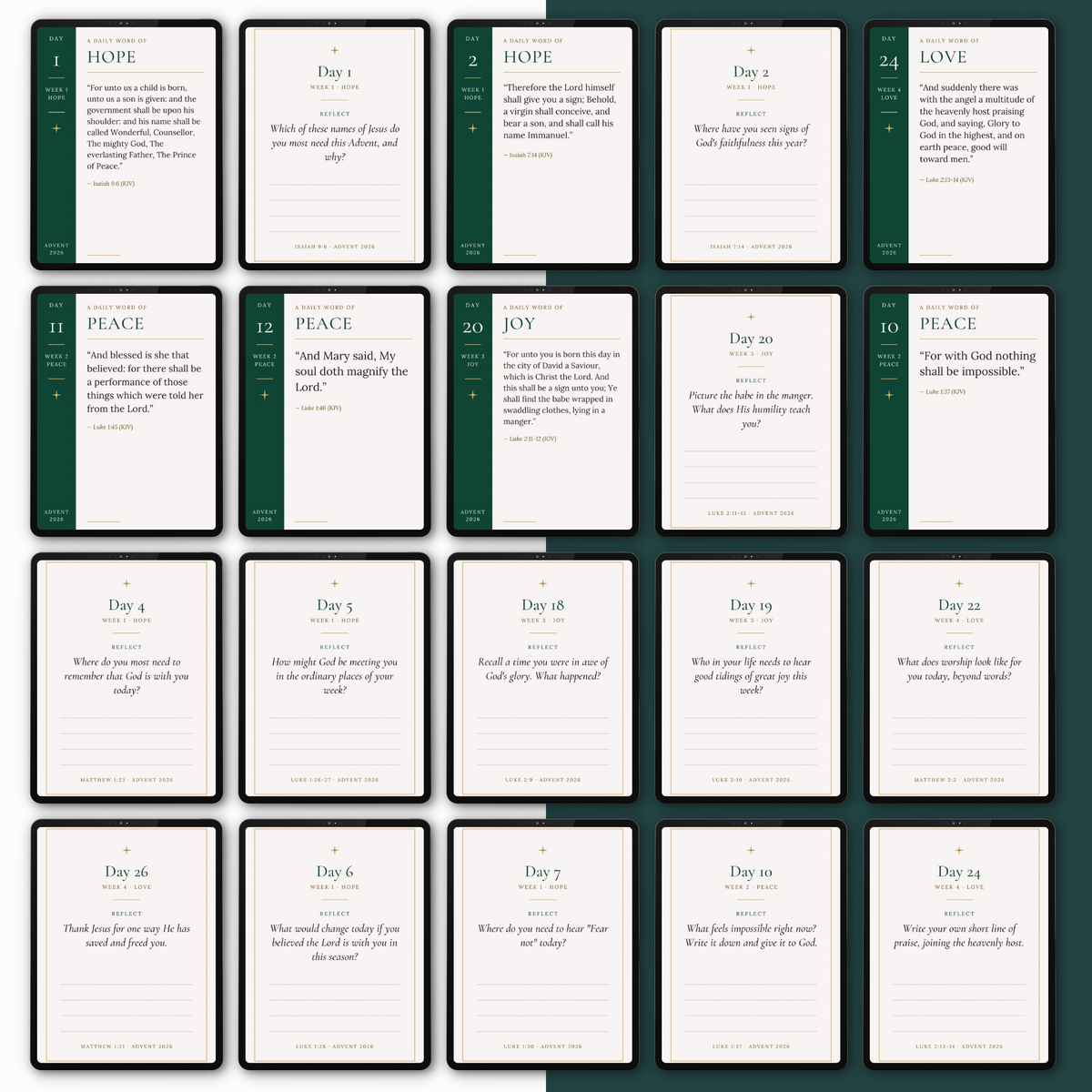 Preview of 20 printable Advent 2026 scripture cards from the God With Us Advent Devotional Kit, displayed on tablet screens. Card fronts have a deep green side panel with the day number and week theme (Hope, Peace, Joy or Love) and a KJV Bible verse on a cream background. Card backs have a reflection question, writing lines and a thin gold border.