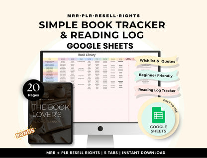 Simple Book Tracker and Reading Log Google Sheets template with PLR and MRR resell rights, featuring book library tracker, wishlist, quotes, and reading log bonus.