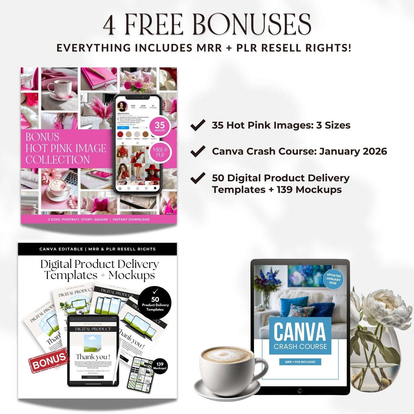 Canva eBook Template, Pink Editable Guide Workbook Template | MRR + PLR Resell Rights | US Letter and A4 Sizes | 4 Bonus Products Boundless PLR