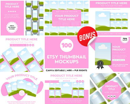 Preview of 100 editable Etsy thumbnail mockups designed in multiple styles including modern, luxe, aesthetic, and minimalist layouts. Includes device mockups, bonus icons, discount labels, and high-converting text overlays to enhance Etsy product listings. Canva-editable with MRR and PLR resell rights