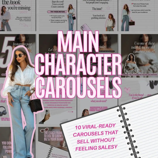 Main Character Carousels cover showing 10 editable Canva templates for coaches and digital creators with PLR rights