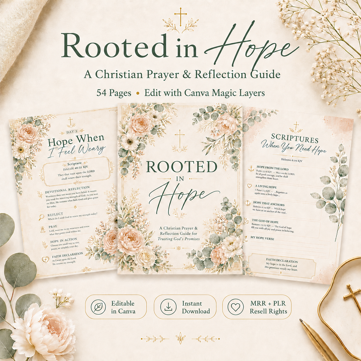 Rooted in Hope Prayer Journal — Printable Christian Devotional & Bible Study Planner for Women