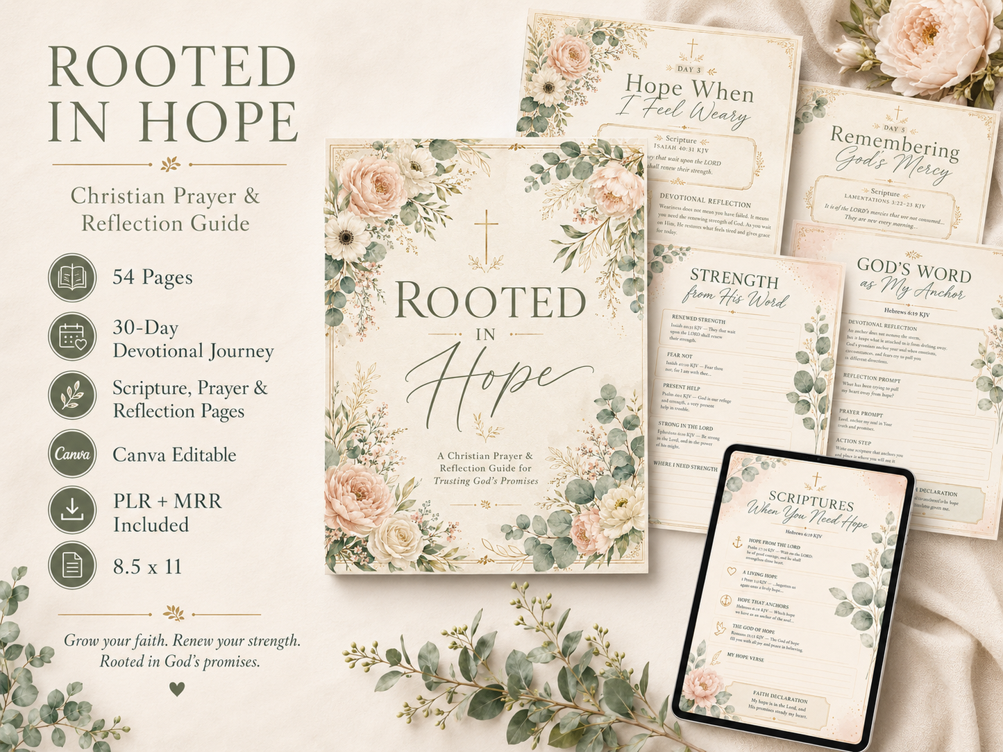 Rooted in Hope Prayer Journal — Printable Christian Devotional & Bible Study Planner for Women