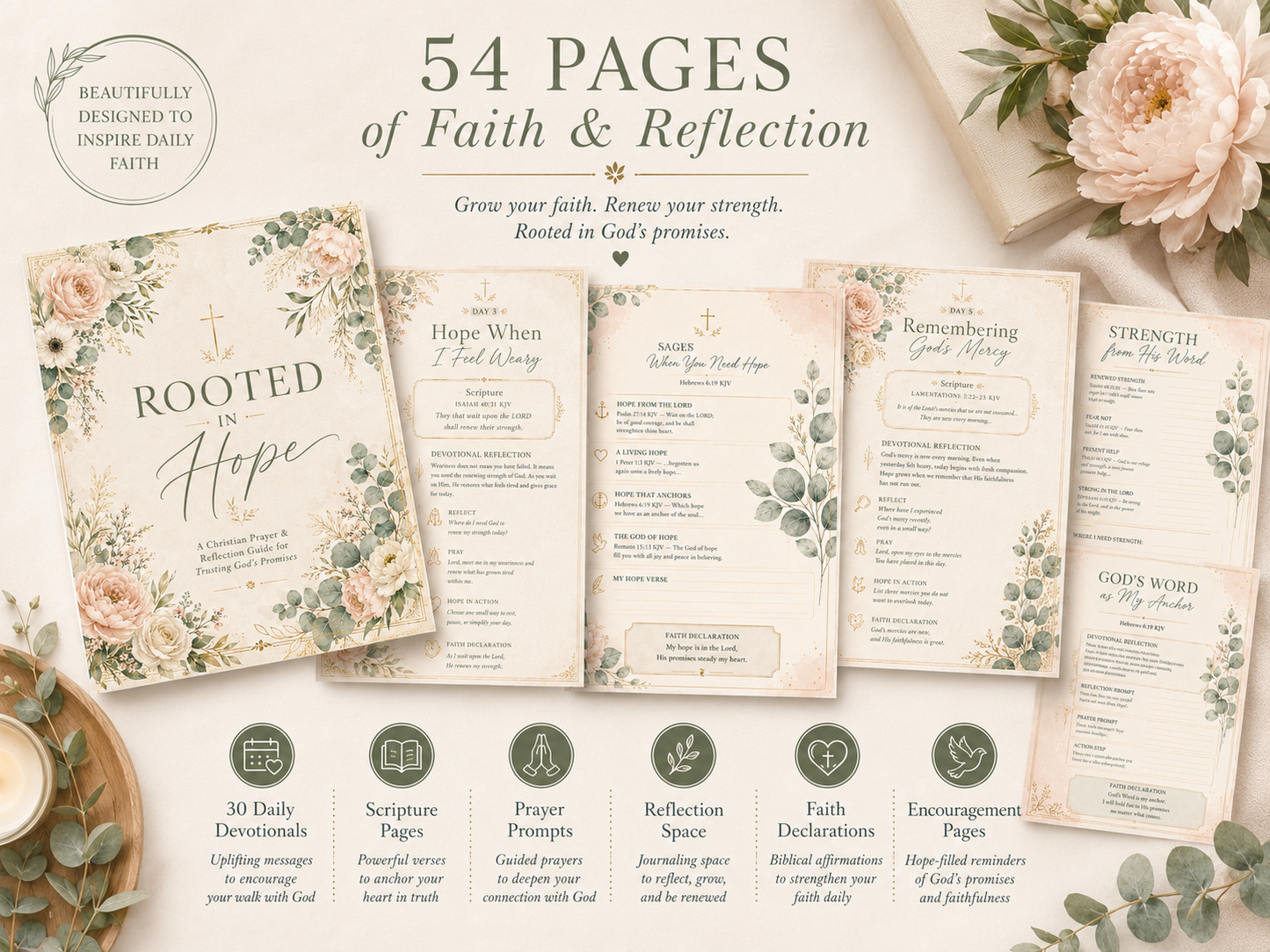Rooted in Hope Prayer Journal — Printable Christian Devotional & Bible Study Planner for Women