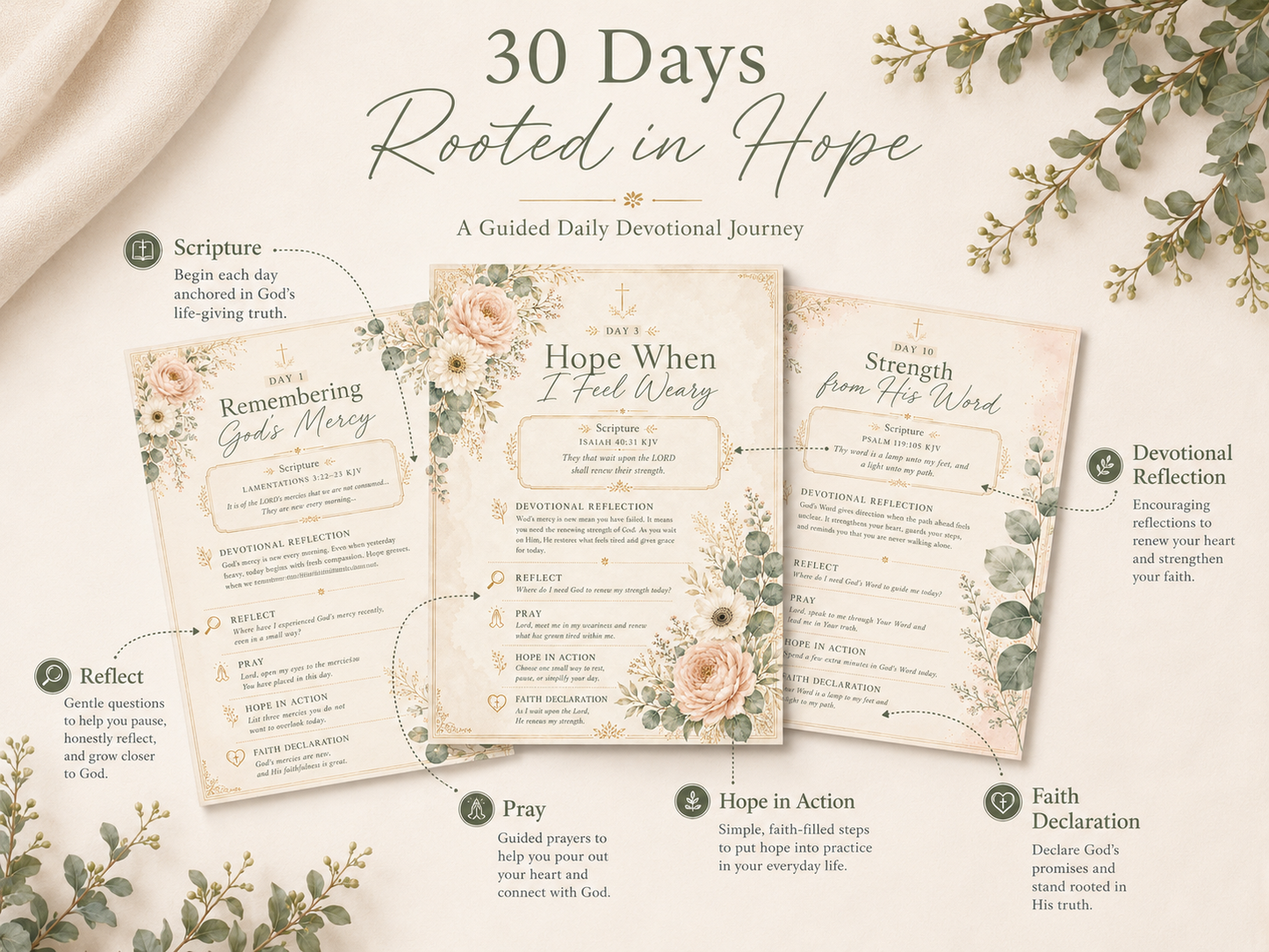 Rooted in Hope Prayer Journal — Printable Christian Devotional & Bible Study Planner for Women