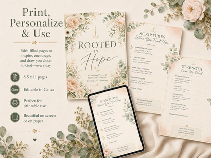 Rooted in Hope Prayer Journal — Printable Christian Devotional & Bible Study Planner for Women