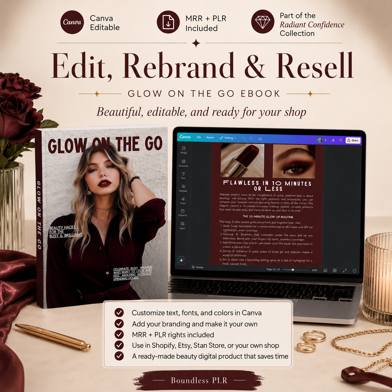 Glow On The Go – Canva Ebook Template (Beauty & Confidence Guide, MRR + PLR)
