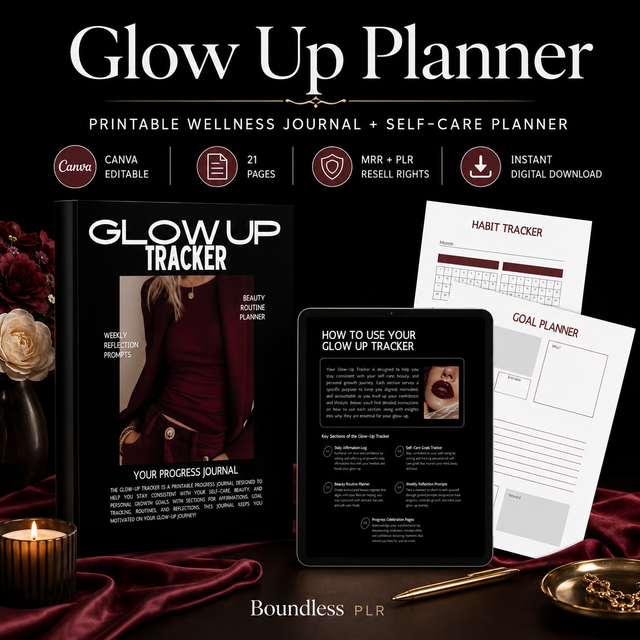 Glow Up Planner & Wellness Journal for Women — Self Care, Habit Tracker & Goal Planner (MRR + PLR)