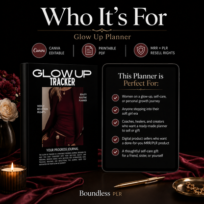 Glow Up Planner & Wellness Journal for Women — Self Care, Habit Tracker & Goal Planner (MRR + PLR)