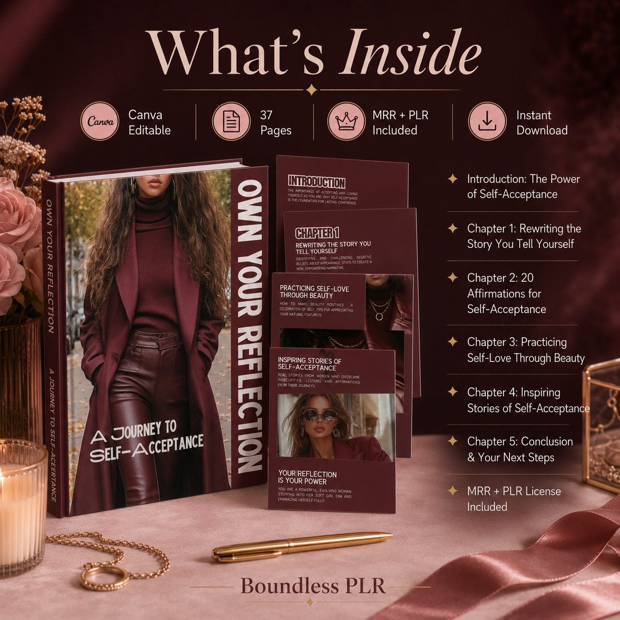 Self Love & Self Acceptance Ebook for Women — Affirmations & Mindset Guide, Own Your Reflection (MRR + PLR)