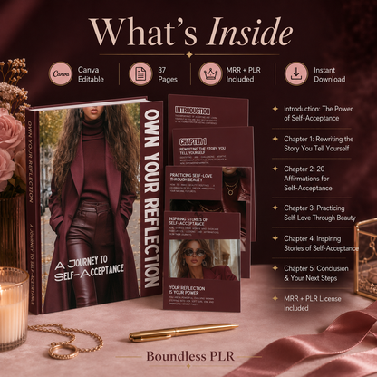 Self Love & Self Acceptance Ebook for Women — Affirmations & Mindset Guide, Own Your Reflection (MRR + PLR)