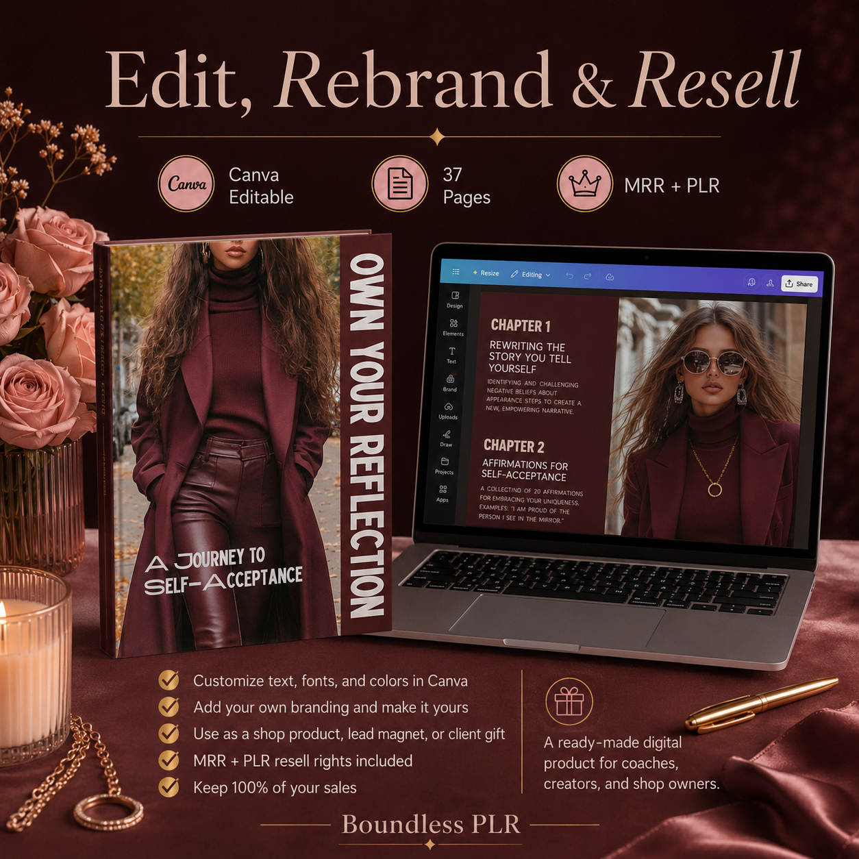 Self Love & Self Acceptance Ebook for Women — Affirmations & Mindset Guide, Own Your Reflection (MRR + PLR)
