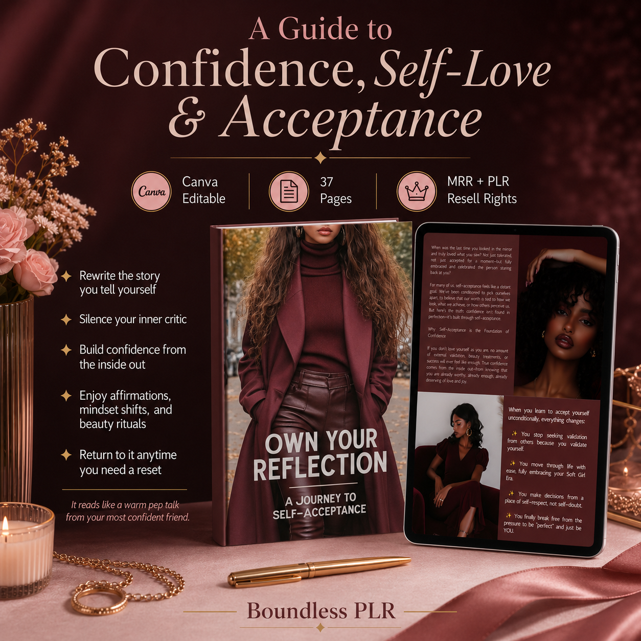 Self Love & Self Acceptance Ebook for Women — Affirmations & Mindset Guide, Own Your Reflection (MRR + PLR)