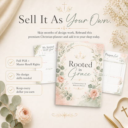 Christian PLR Planner with Master Resell Rights | 44 Page Faith & Prayer Journal, Rooted In Grace Bible Study Planner Canva + Bonus Prompts