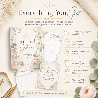 Christian PLR Planner with Master Resell Rights | 44 Page Faith & Prayer Journal, Rooted In Grace Bible Study Planner Canva + Bonus Prompts