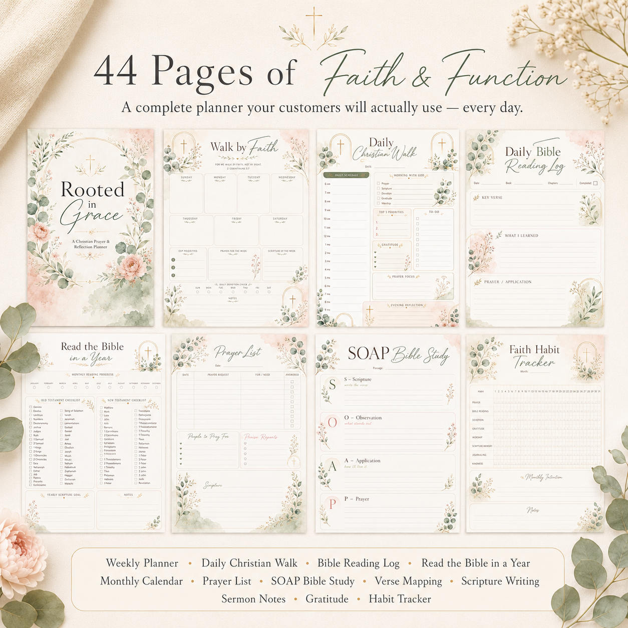 Christian PLR Planner with Master Resell Rights | 44 Page Faith & Prayer Journal, Rooted In Grace Bible Study Planner Canva + Bonus Prompts