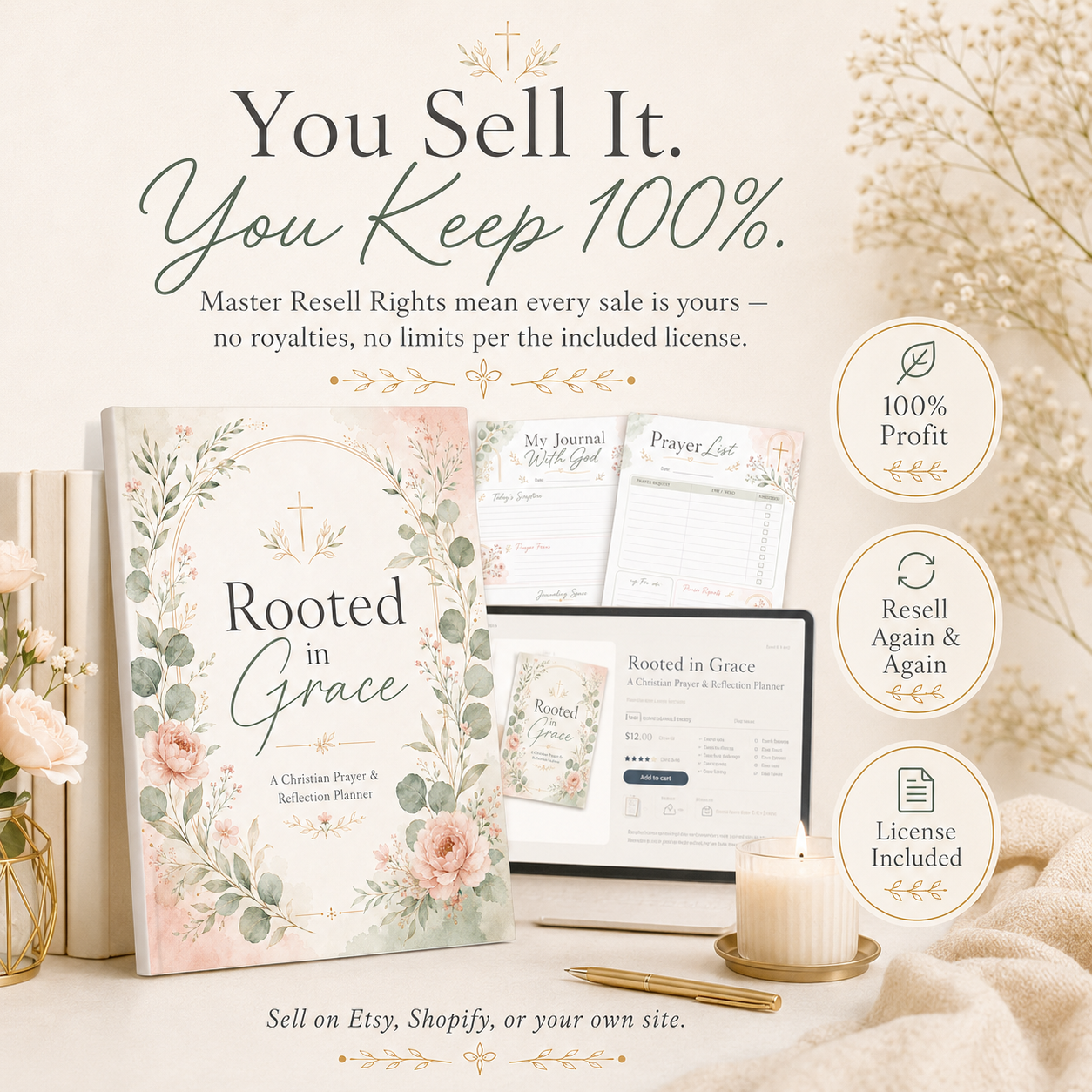 Christian PLR Planner with Master Resell Rights | 44 Page Faith & Prayer Journal, Rooted In Grace Bible Study Planner Canva + Bonus Prompts