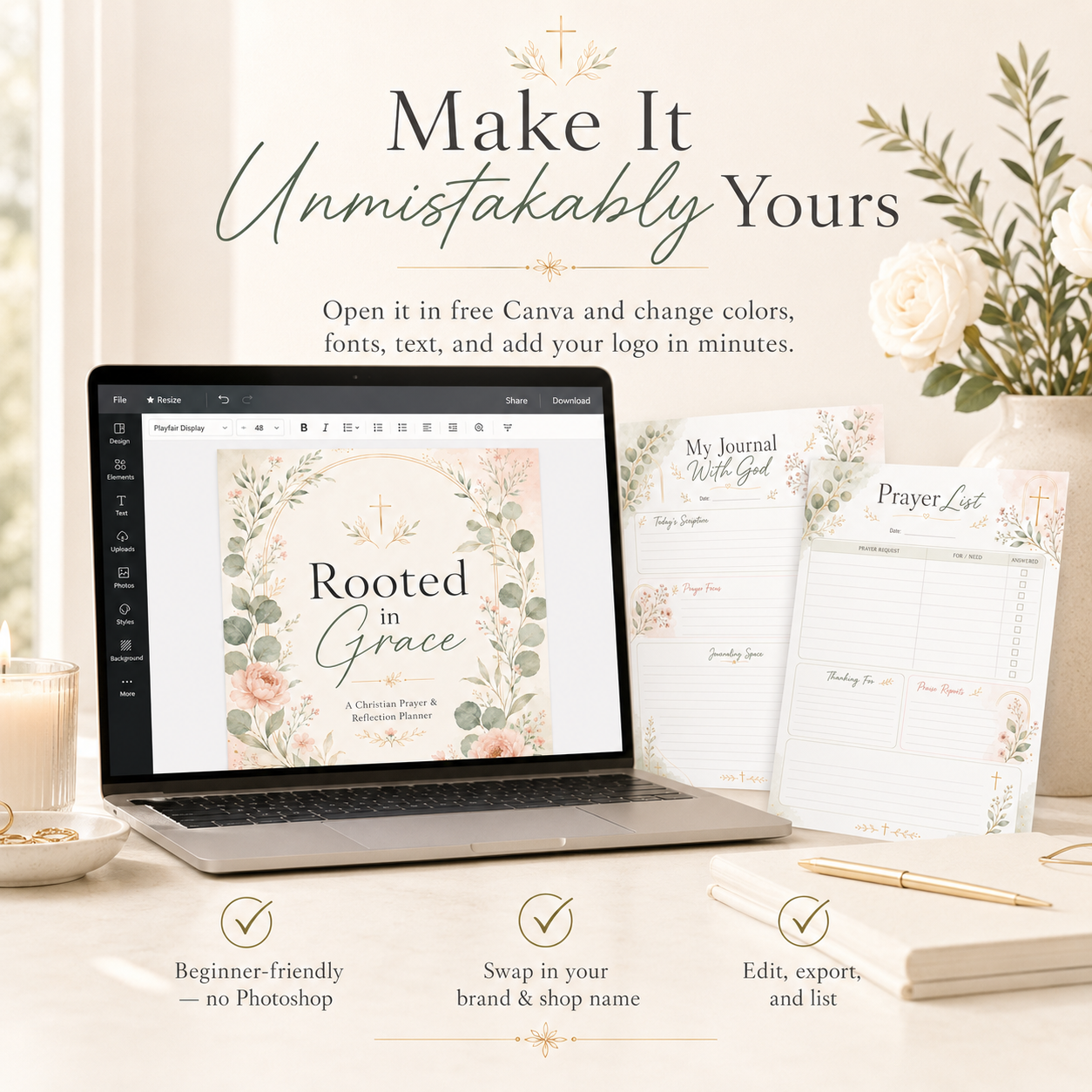 Christian PLR Planner with Master Resell Rights | 44 Page Faith & Prayer Journal, Rooted In Grace Bible Study Planner Canva + Bonus Prompts