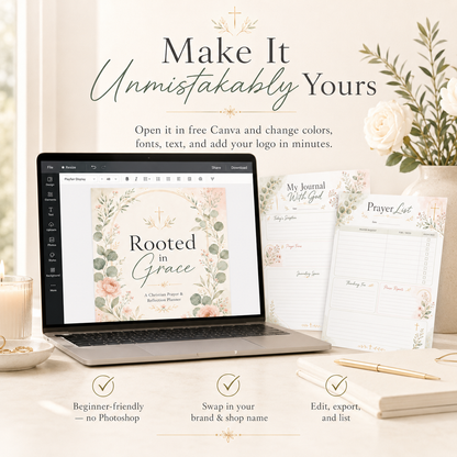 Christian PLR Planner with Master Resell Rights | 44 Page Faith & Prayer Journal, Rooted In Grace Bible Study Planner Canva + Bonus Prompts