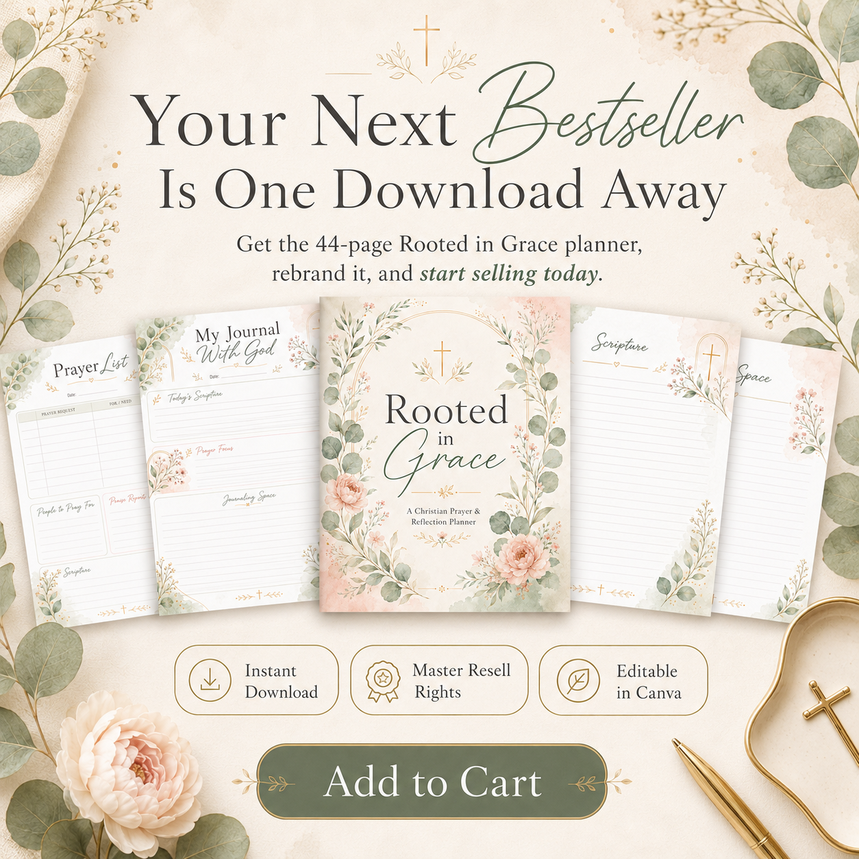 Christian PLR Planner with Master Resell Rights | 44 Page Faith & Prayer Journal, Rooted In Grace Bible Study Planner Canva + Bonus Prompts