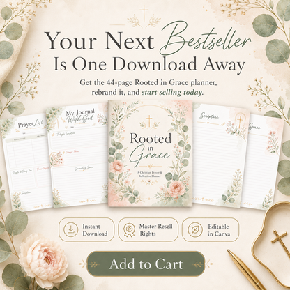 Christian PLR Planner with Master Resell Rights | 44 Page Faith & Prayer Journal, Rooted In Grace Bible Study Planner Canva + Bonus Prompts