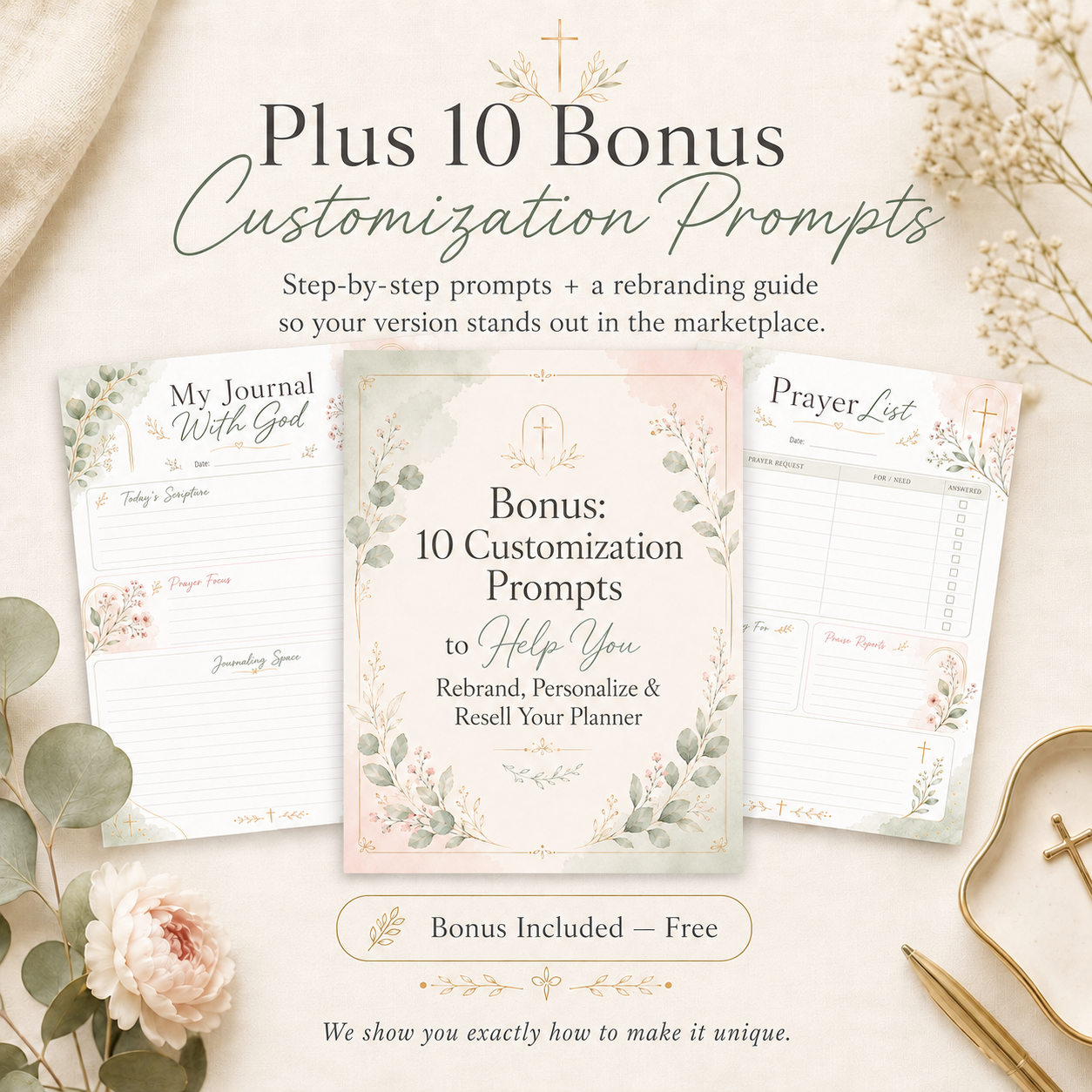 Christian PLR Planner with Master Resell Rights | 44 Page Faith & Prayer Journal, Rooted In Grace Bible Study Planner Canva + Bonus Prompts