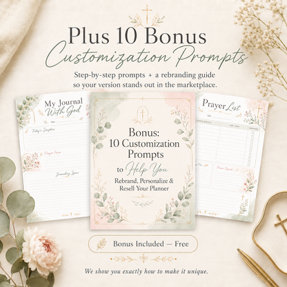 Christian PLR Planner with Master Resell Rights | 44 Page Faith & Prayer Journal, Rooted In Grace Bible Study Planner Canva + Bonus Prompts