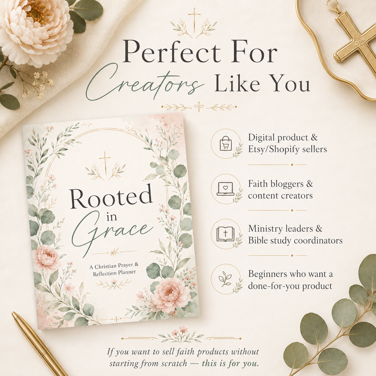 Christian PLR Planner with Master Resell Rights | 44 Page Faith & Prayer Journal, Rooted In Grace Bible Study Planner Canva + Bonus Prompts