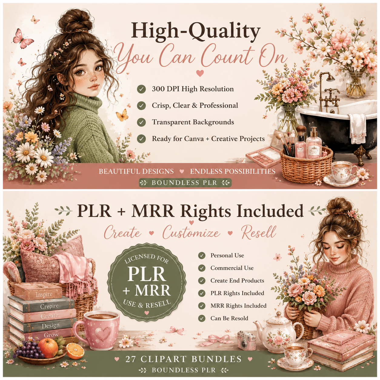 Clipart Bundle with MRR & PLR | 27 Commercial Use PNG Clipart Sets for Canva, Printables, Stickers & Digital Products