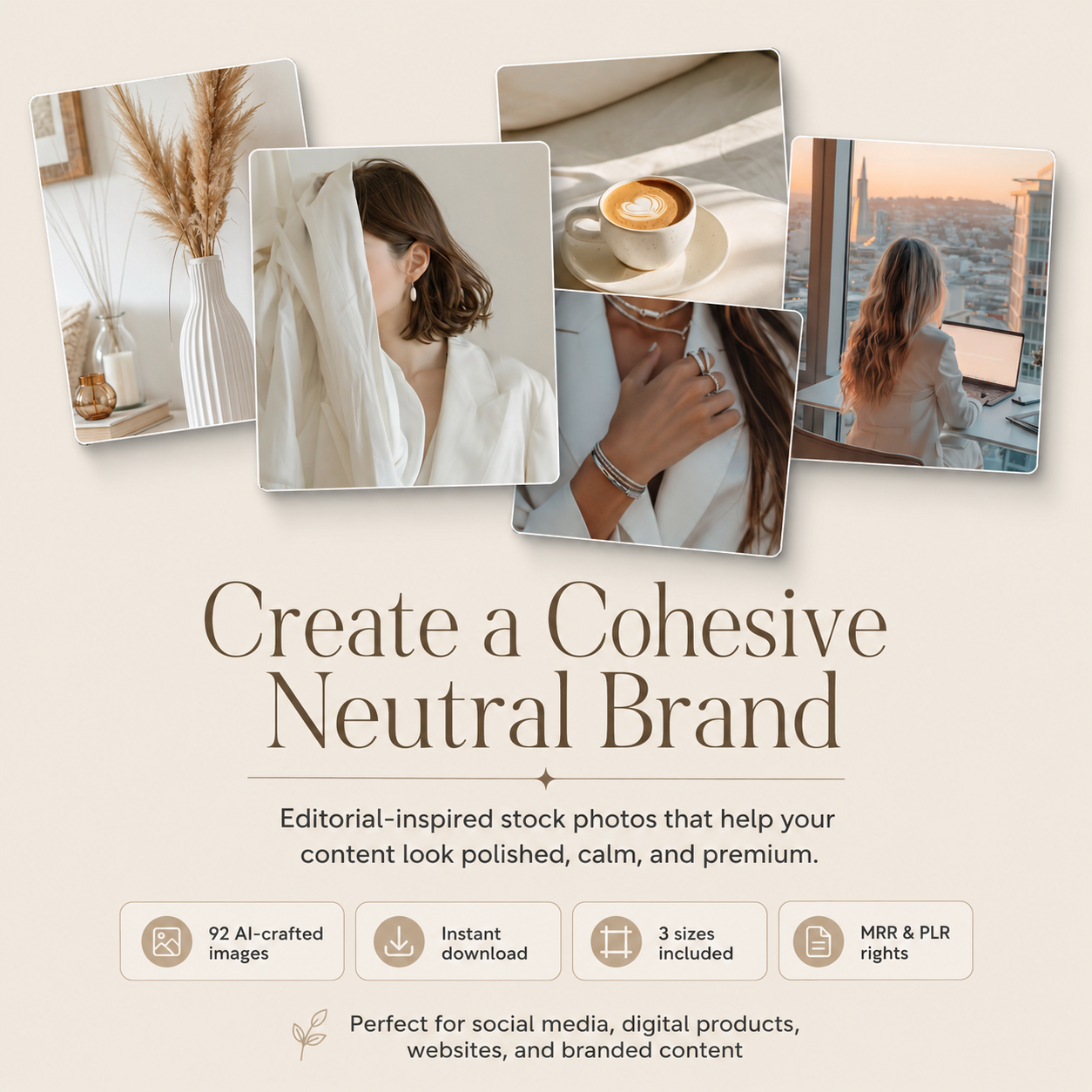 AI Stock Photos Bundle | 92 Beige Aesthetic Photos with PLR & MRR Rights