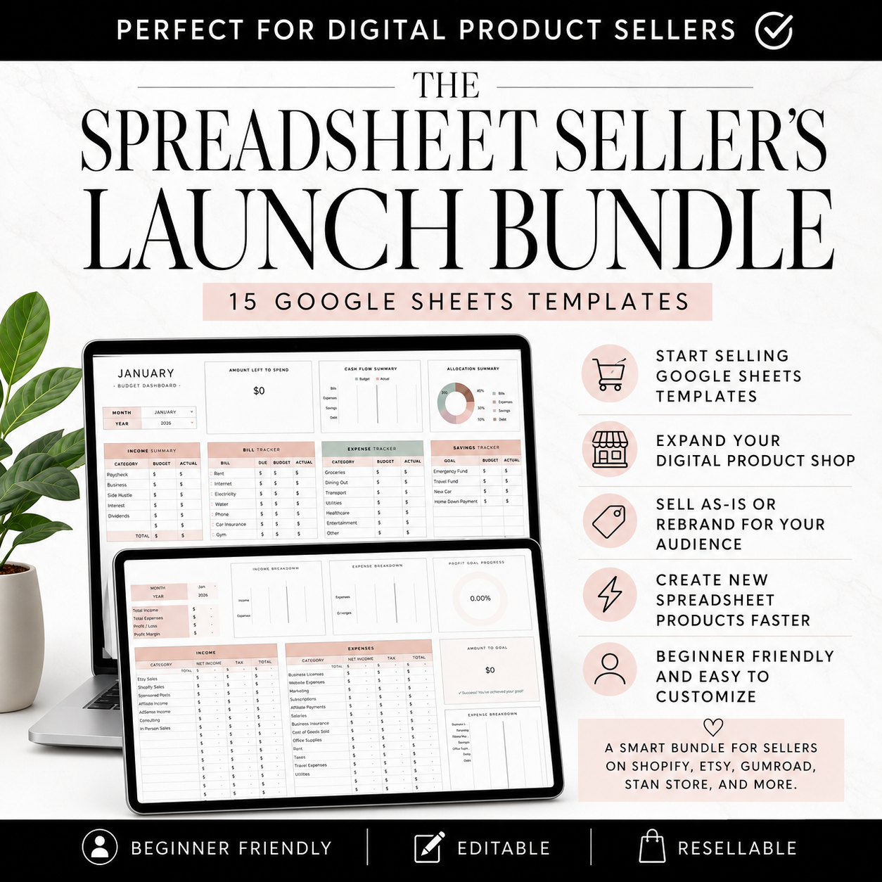 Google Sheets Templates Bundle – 15 Editable Spreadsheets with PLR & MRR Resell Rights | Budget, Bookkeeping, Wedding & More
