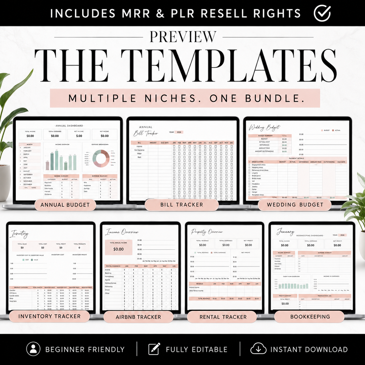 Google Sheets Templates Bundle – 15 Editable Spreadsheets with PLR & MRR Resell Rights | Budget, Bookkeeping, Wedding & More