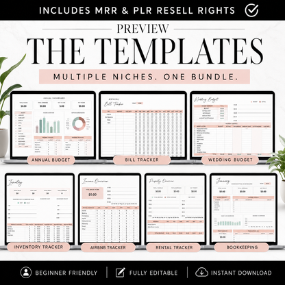 Google Sheets Templates Bundle – 15 Editable Spreadsheets with PLR & MRR Resell Rights | Budget, Bookkeeping, Wedding & More