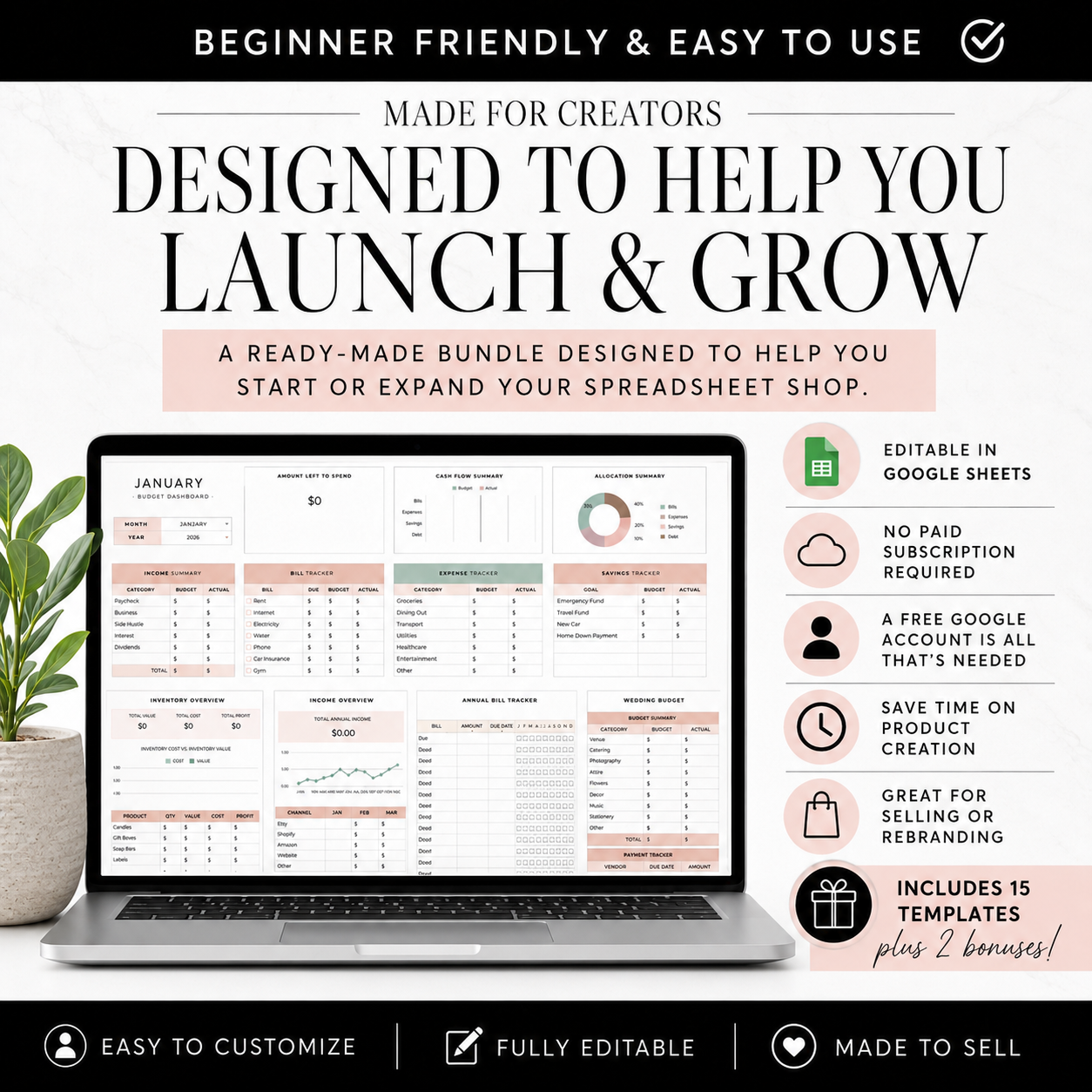Google Sheets Templates Bundle – 15 Editable Spreadsheets with PLR & MRR Resell Rights | Budget, Bookkeeping, Wedding & More
