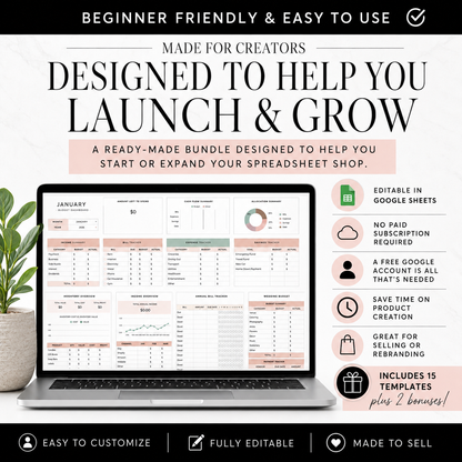 Google Sheets Templates Bundle – 15 Editable Spreadsheets with PLR & MRR Resell Rights | Budget, Bookkeeping, Wedding & More
