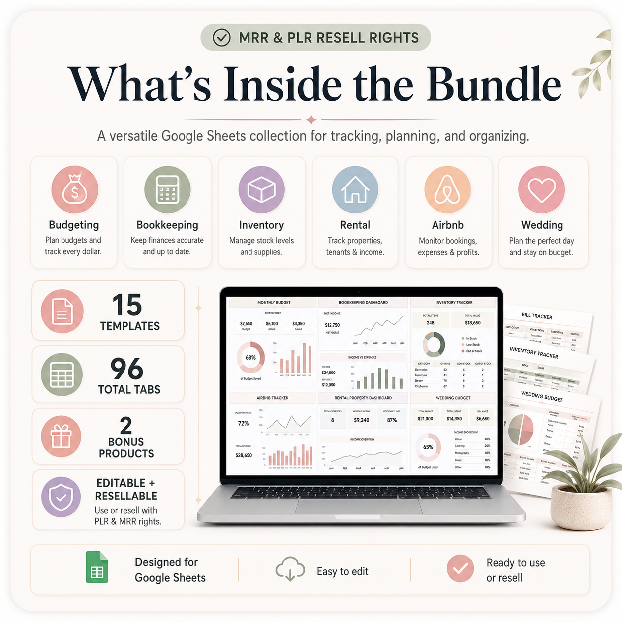 Google Sheets Templates Bundle – 15 Editable Spreadsheets with PLR & MRR Resell Rights | Budget, Bookkeeping, Wedding & More