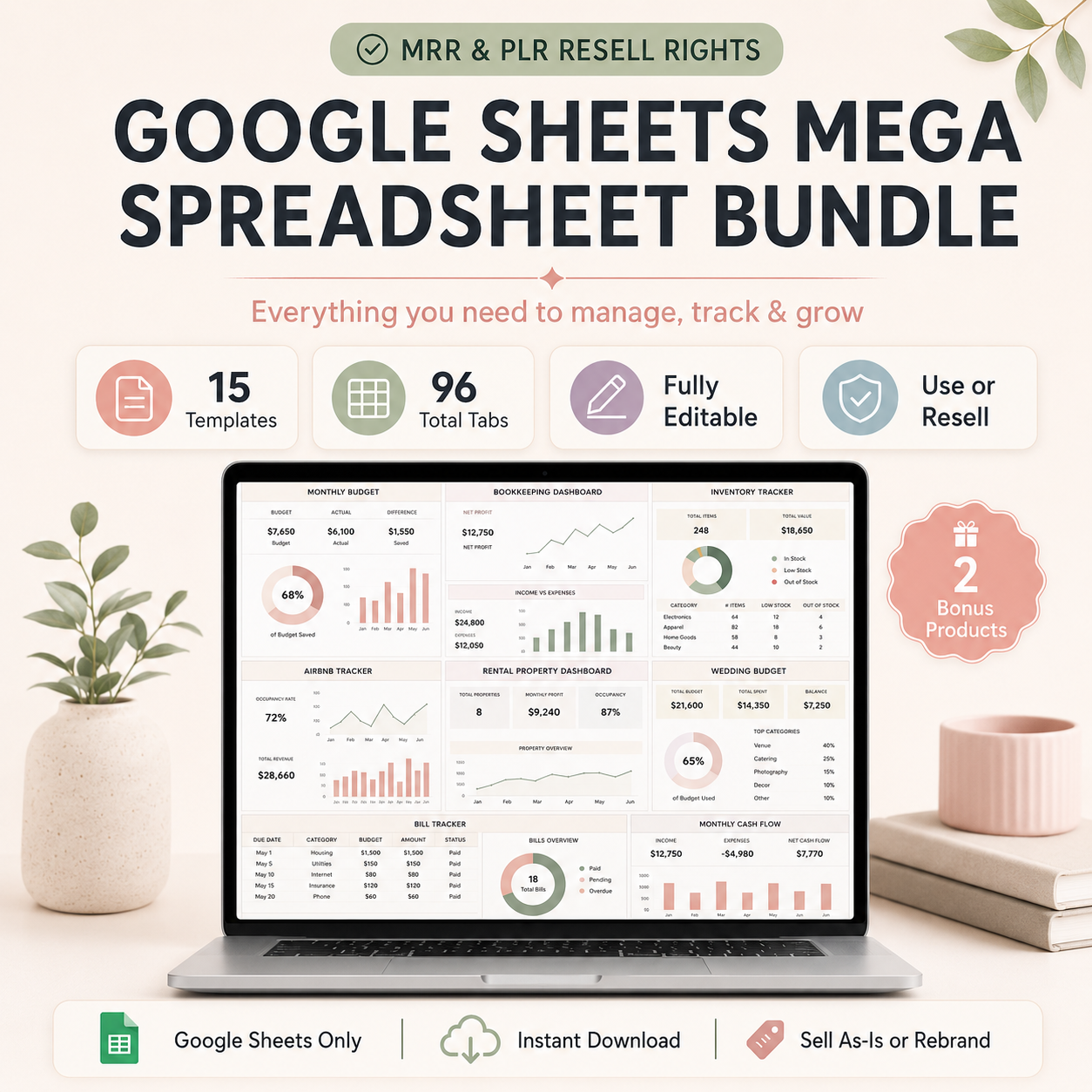 Google Sheets Templates Bundle – 15 Editable Spreadsheets with PLR & MRR Resell Rights | Budget, Bookkeeping, Wedding & More