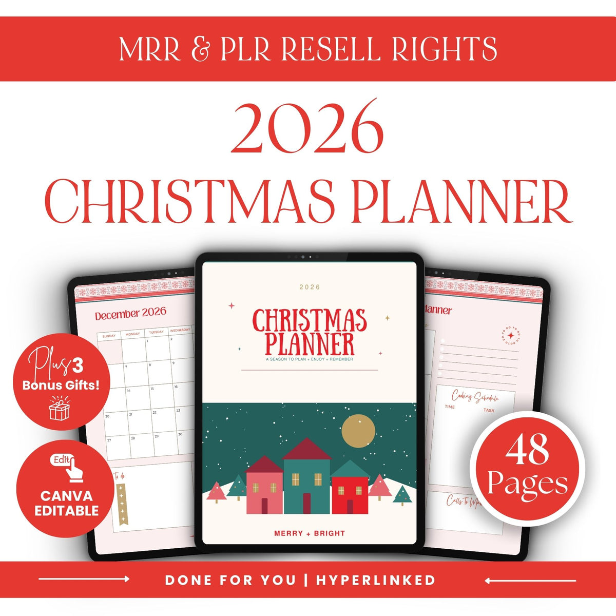 Canva-editable 2026 Christmas planner displayed on three tablets with a cozy village cover, 48 planning pages, three bonus gifts, hyperlinks, and MRR and PLR resell rights.