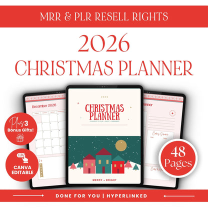 Canva-editable 2026 Christmas planner displayed on three tablets with a cozy village cover, 48 planning pages, three bonus gifts, hyperlinks, and MRR and PLR resell rights.