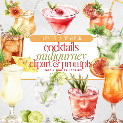 Cocktail Clipart Bundle: 11 Transparent PNGs + Cocktail Prompt Guide (Canva) + Bonus Canva Crash Course Boundless PLR
