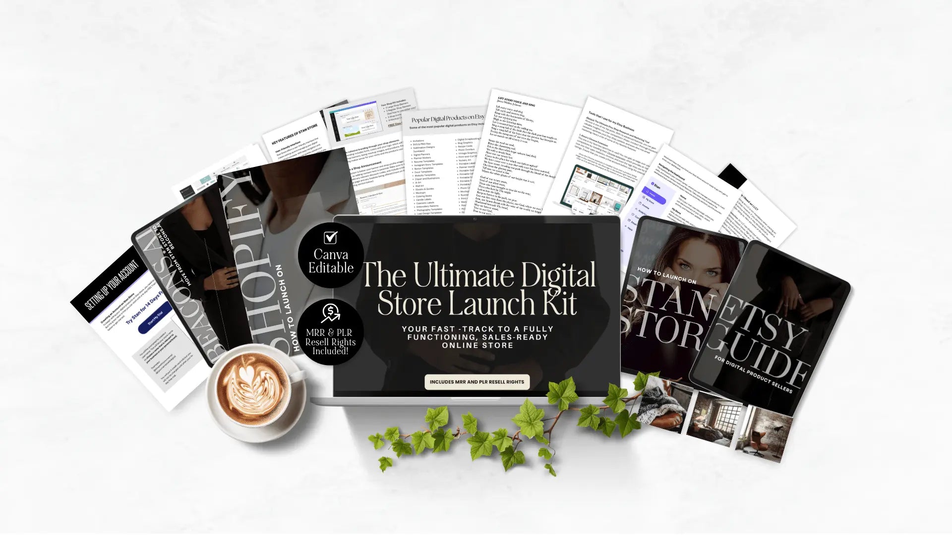 Mockup of the Ultimate Digital Store Launch Kit featuring Canva-editable Etsy, Shopify, Stan Store, and Beacons guides, plus resellable bonus templates