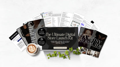 Mockup of the Ultimate Digital Store Launch Kit featuring Canva-editable Etsy, Shopify, Stan Store, and Beacons guides, plus resellable bonus templates