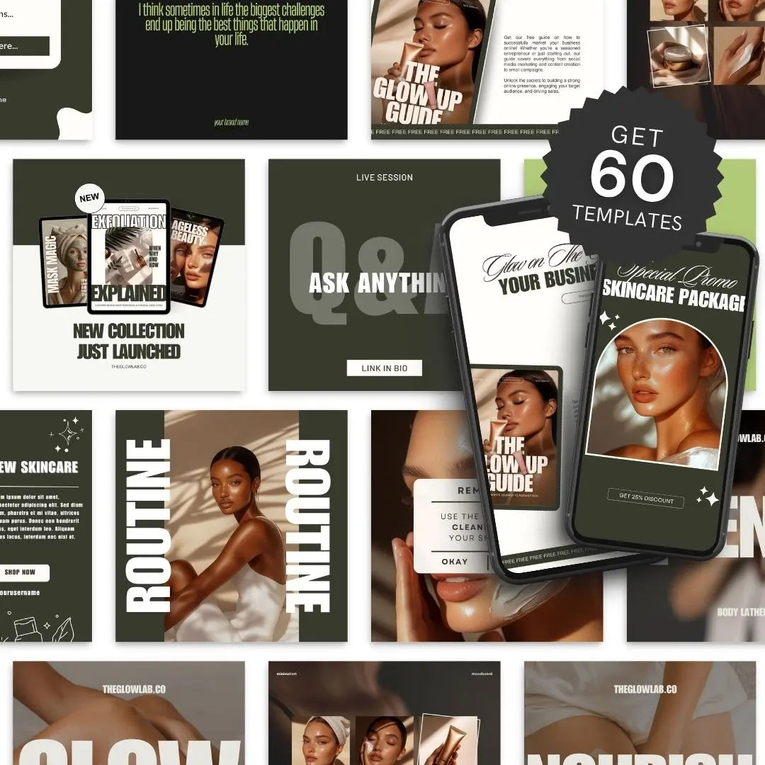 Skincare Instagram Templates – 60 Editable Canva Posts & Stories with PLR + MRR Boundless PLR